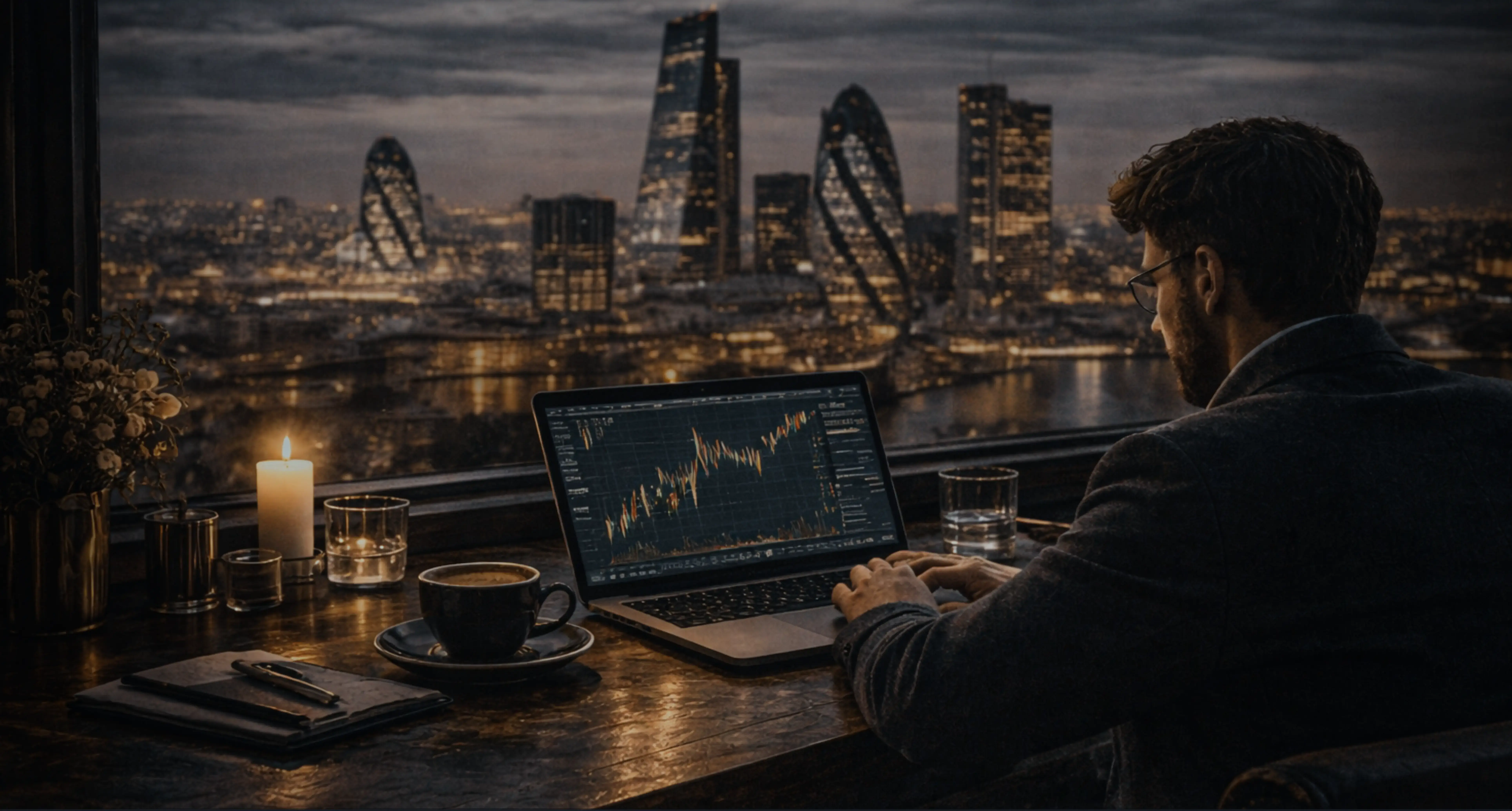 Trader overlooking the London skyline at dusk